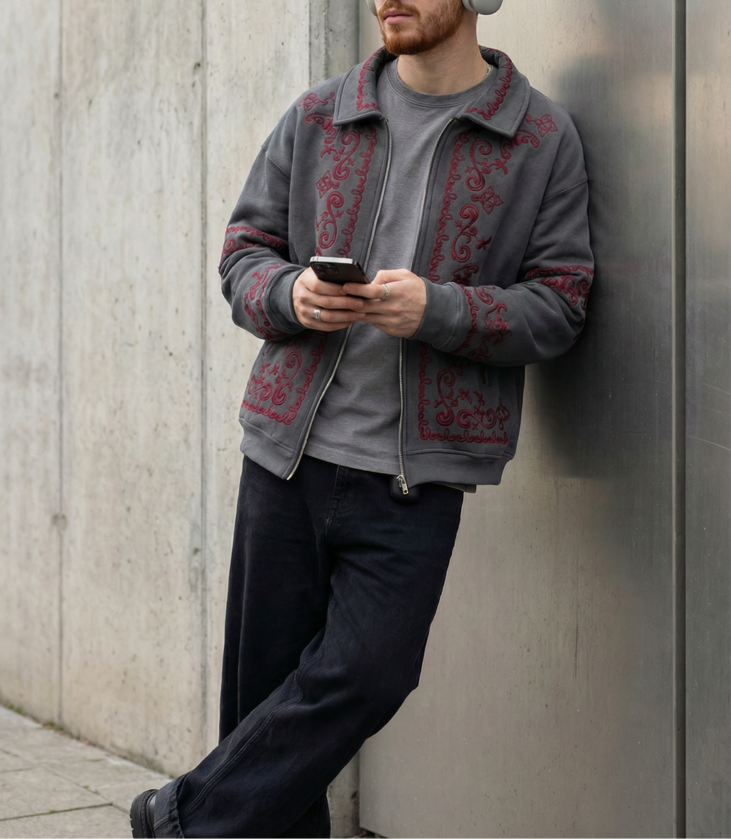 Dark Grey Embroidered Jacket