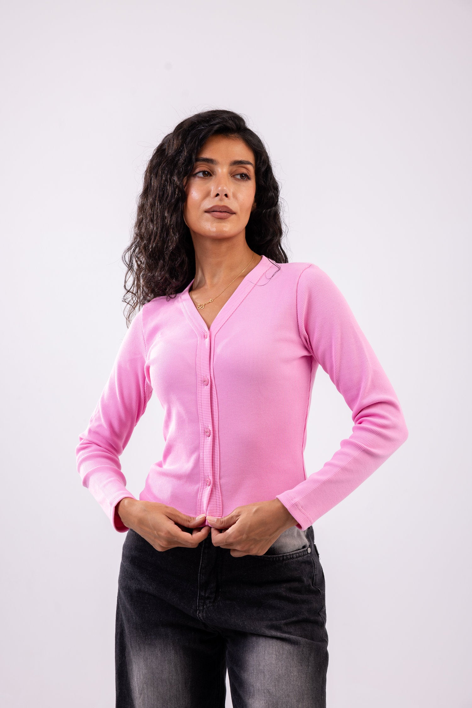 Rib button top long sleeve