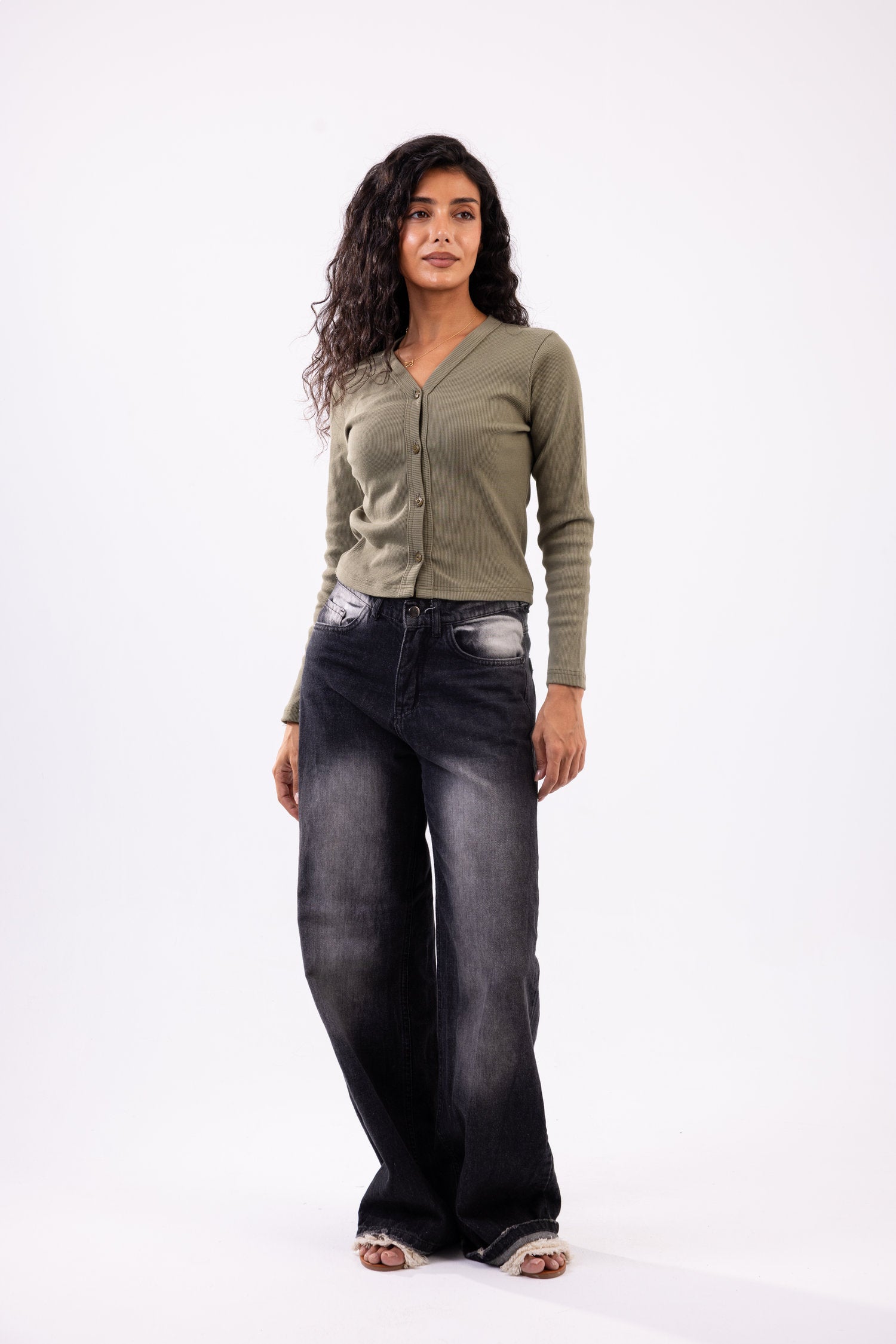 Rib button top long sleeve