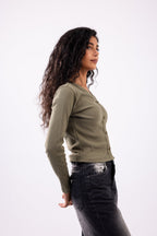 Rib button top long sleeve