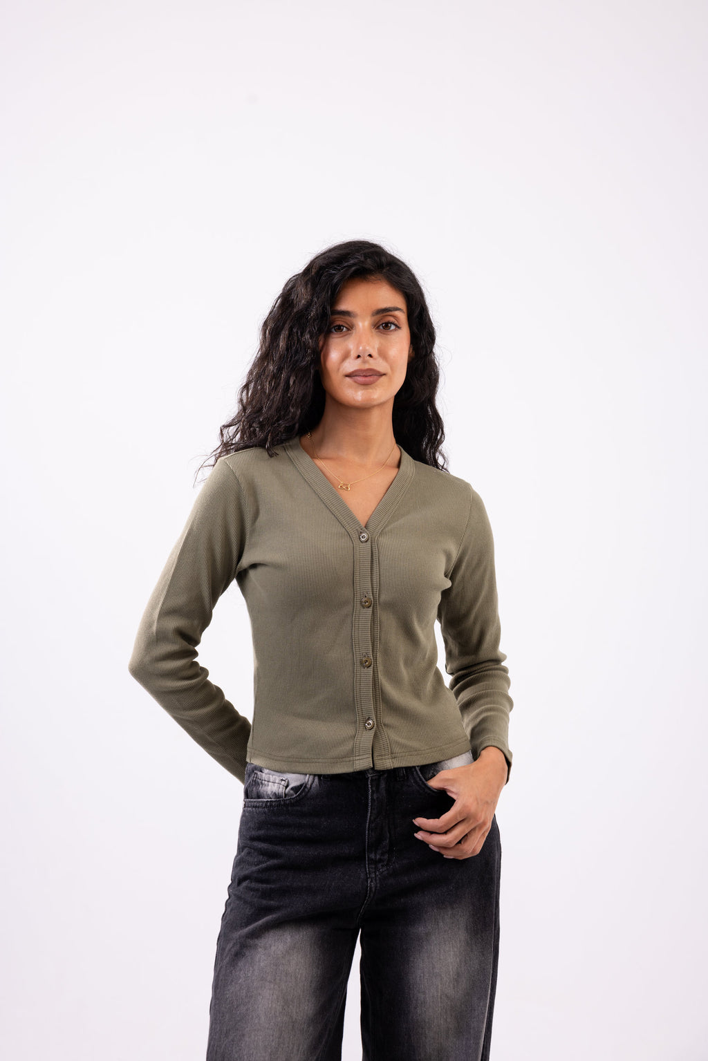 Rib button top long sleeve