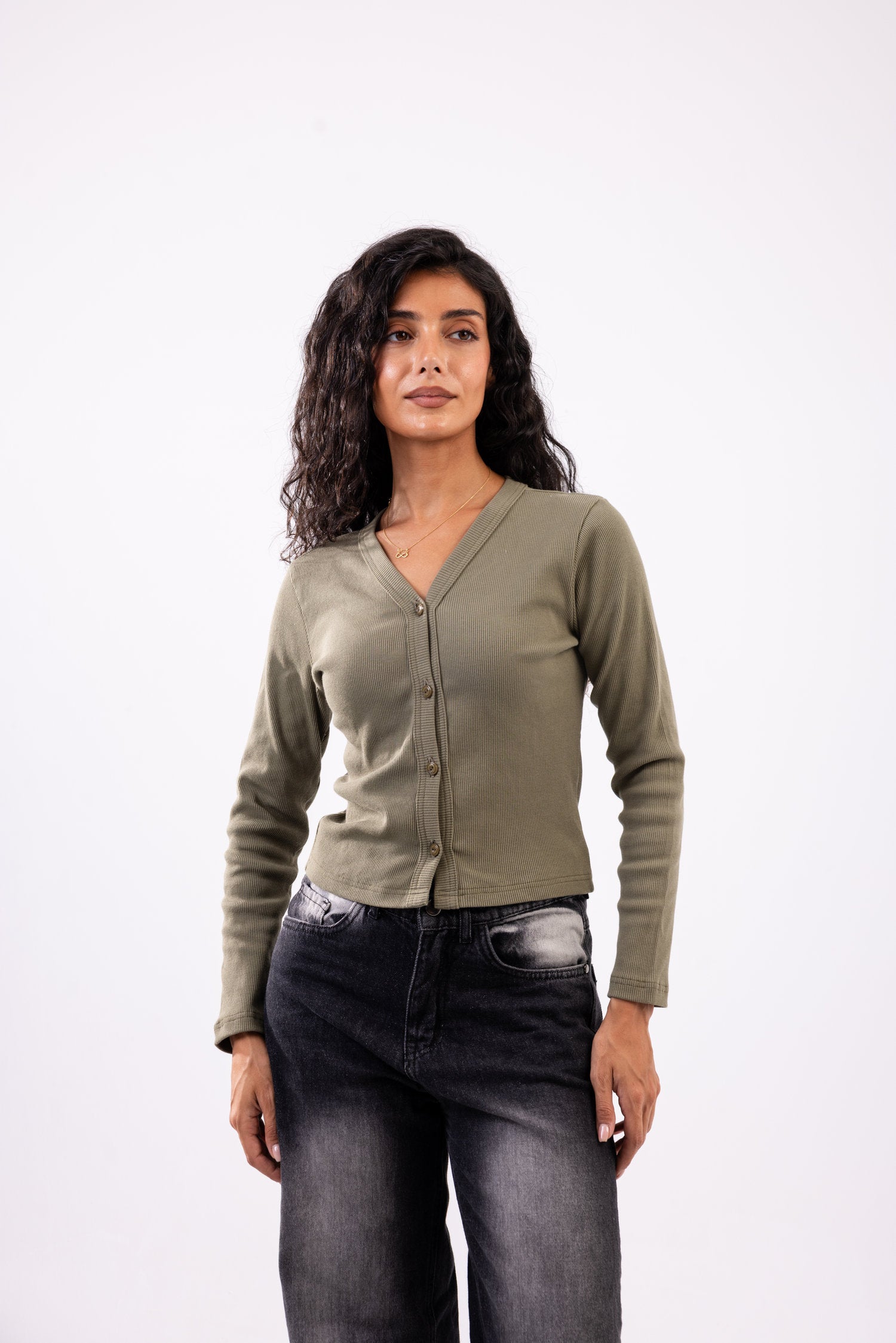 Rib button top long sleeve