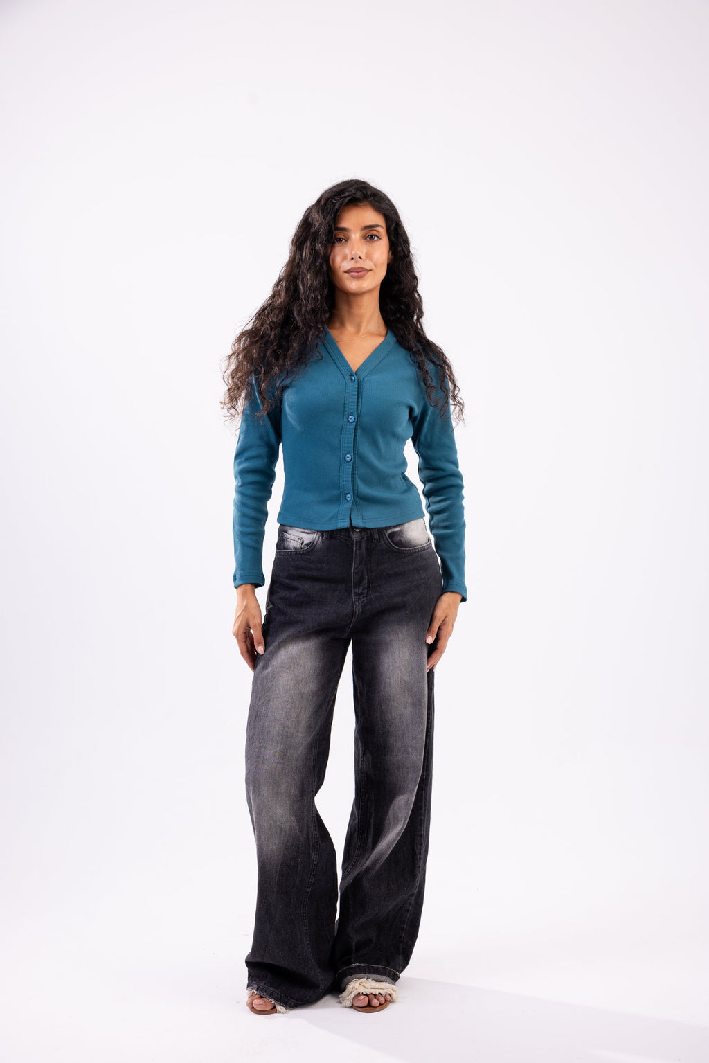 Rib button top long sleeve