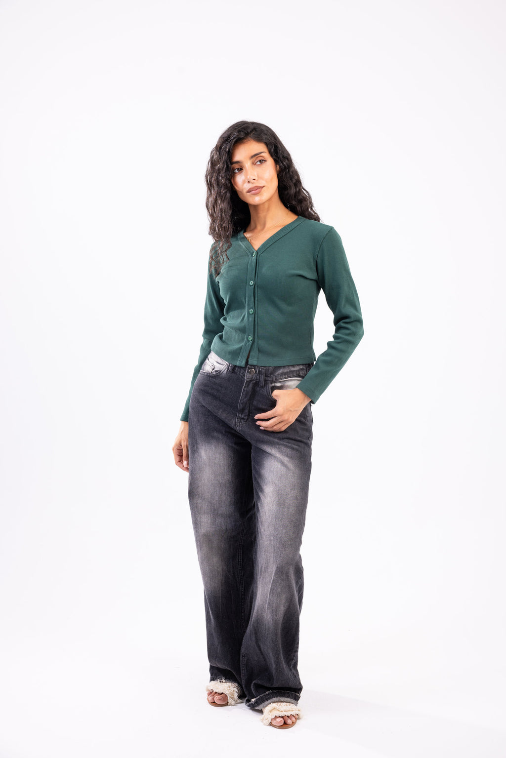Rib button top long sleeve