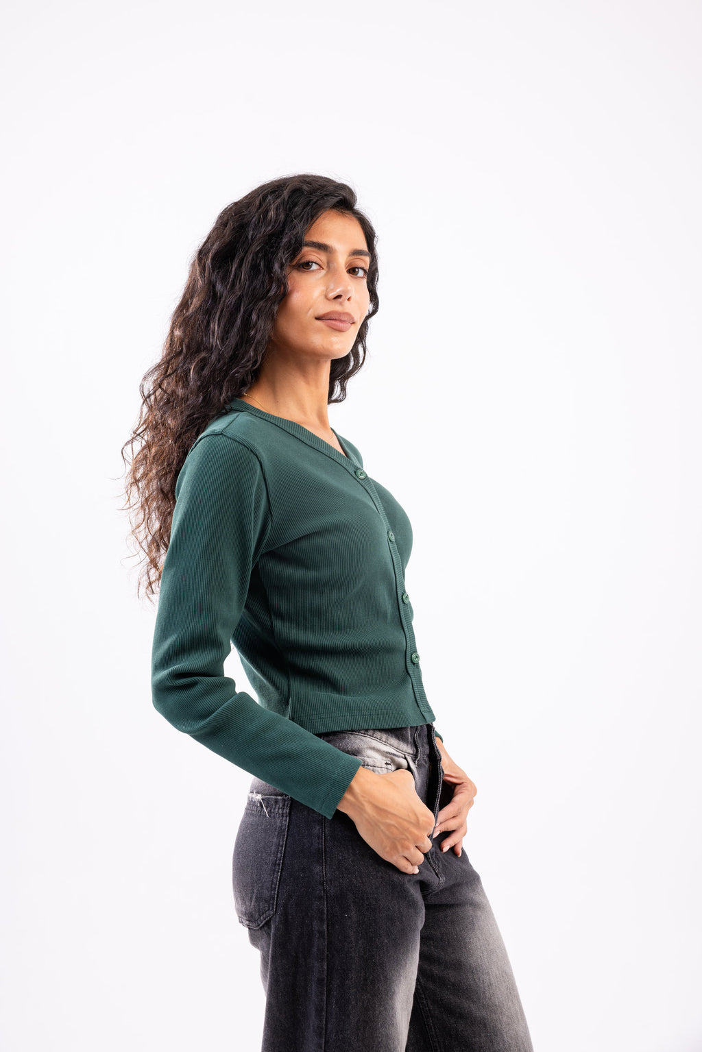 Rib button top long sleeve