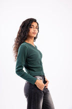 Rib button top long sleeve