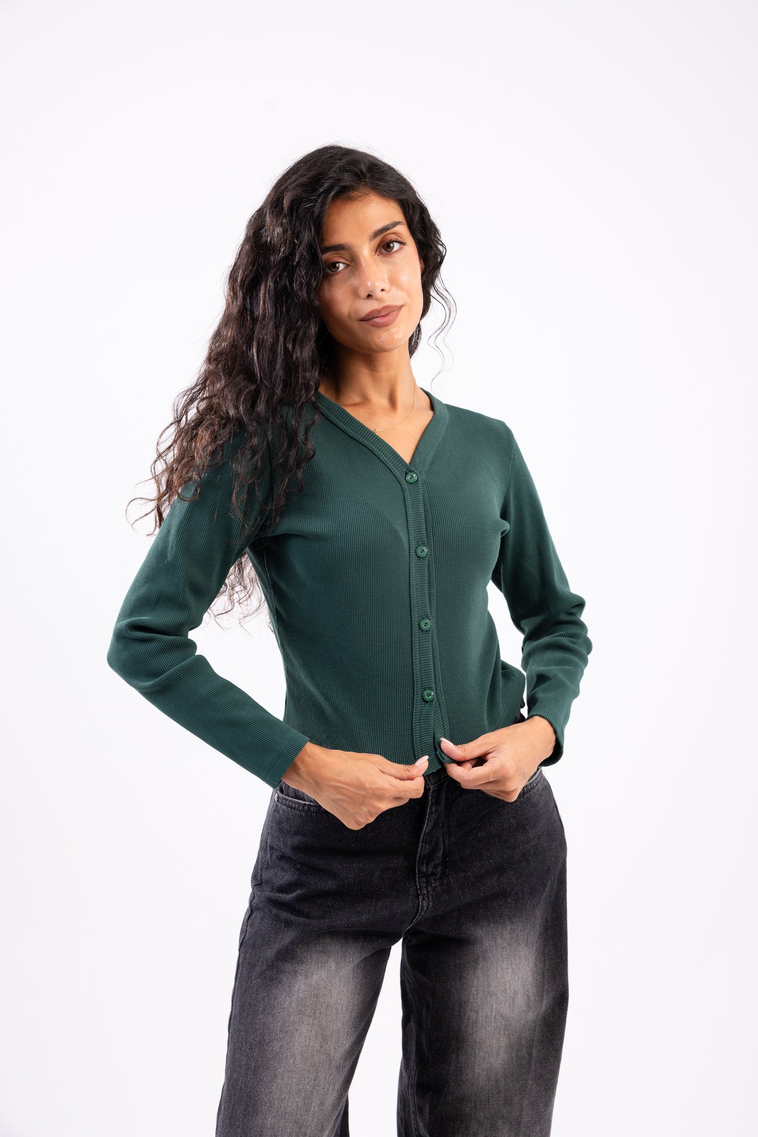 Rib button top long sleeve