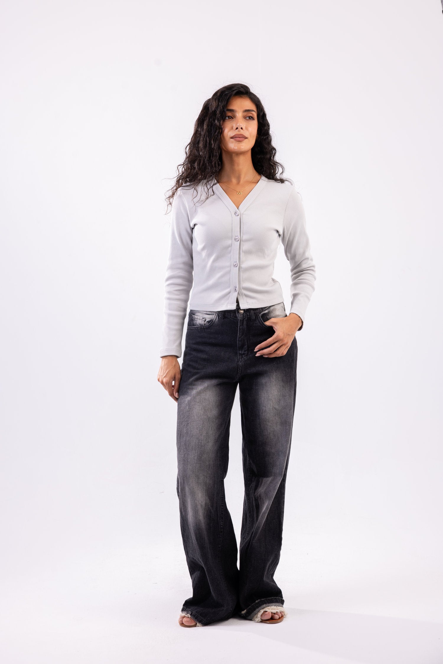 Rib button top long sleeve