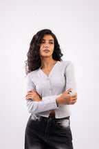 Rib button top long sleeve