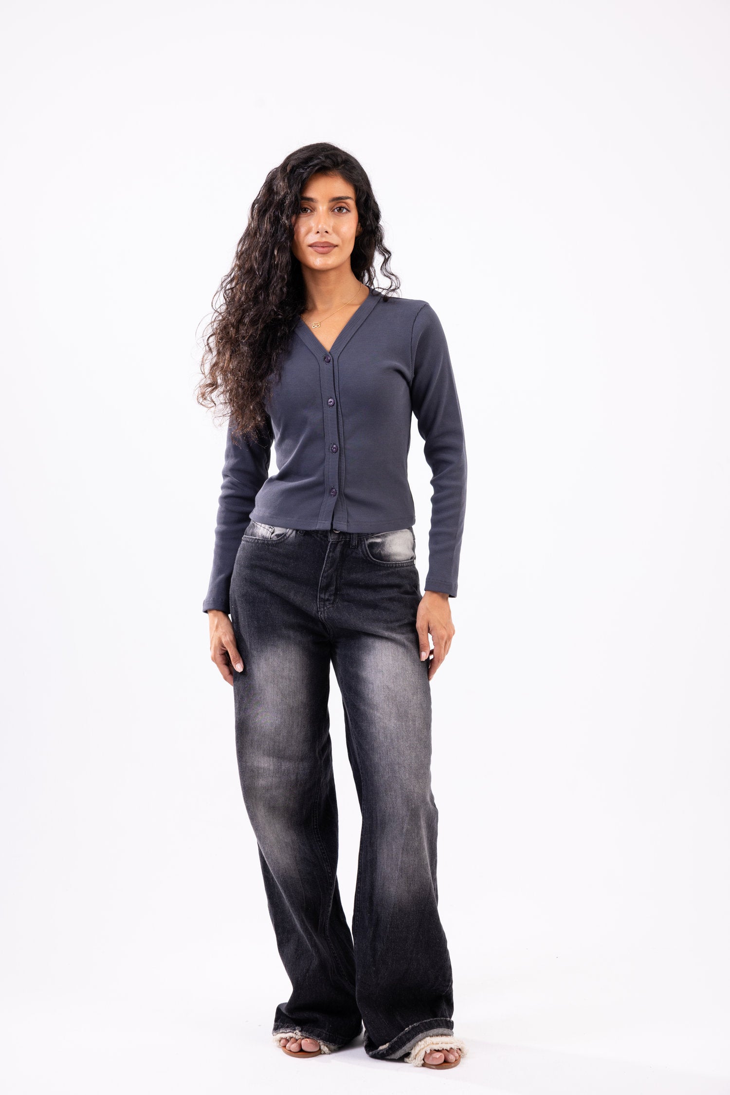Rib button top long sleeve
