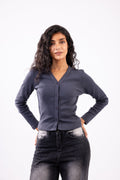 Rib button top long sleeve