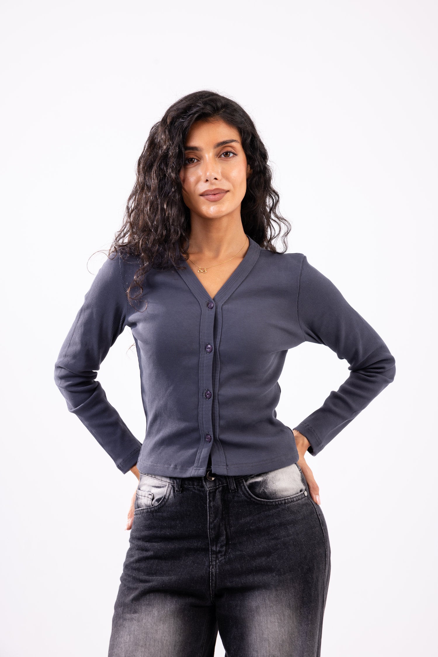 Rib button top long sleeve