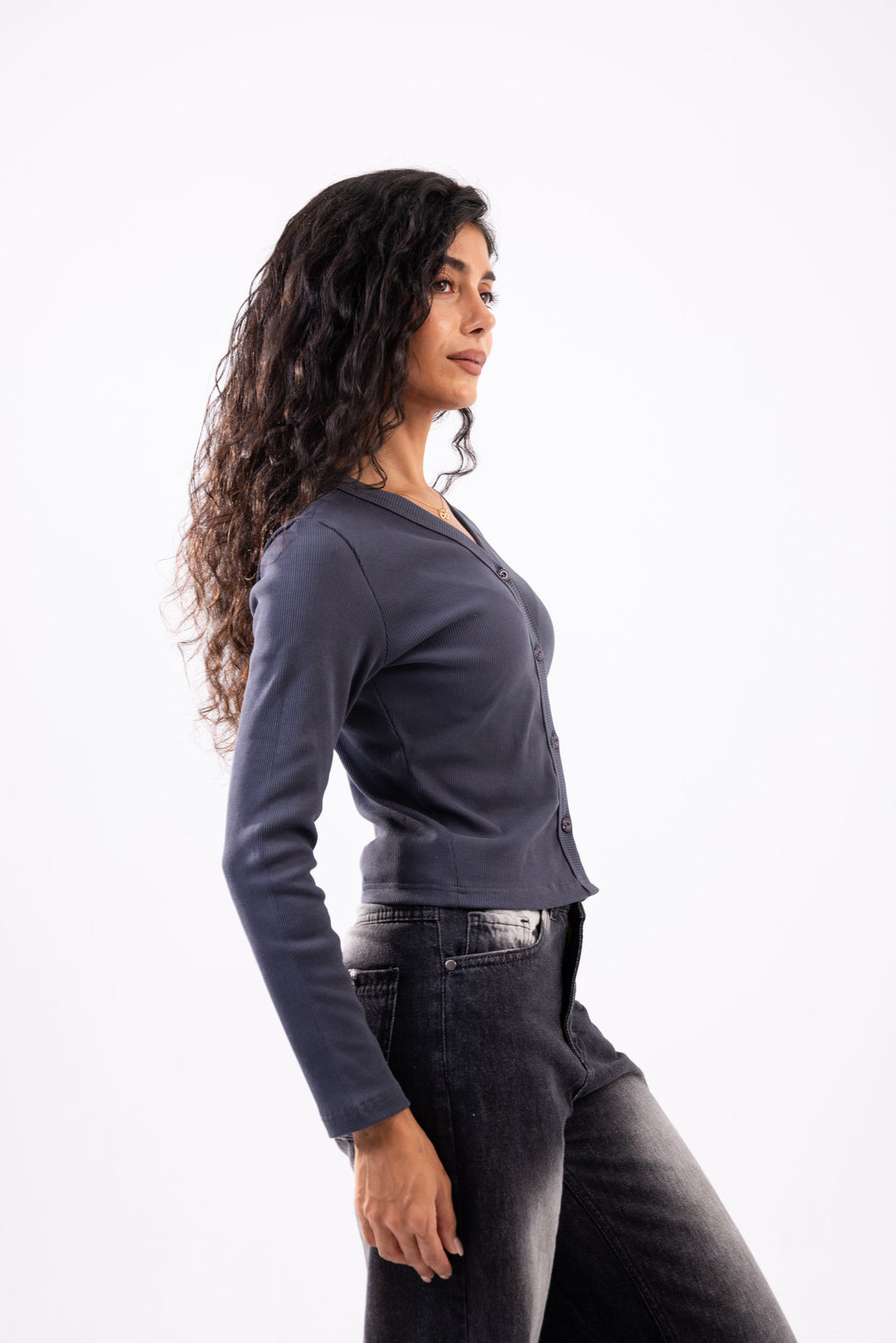 Rib button top long sleeve