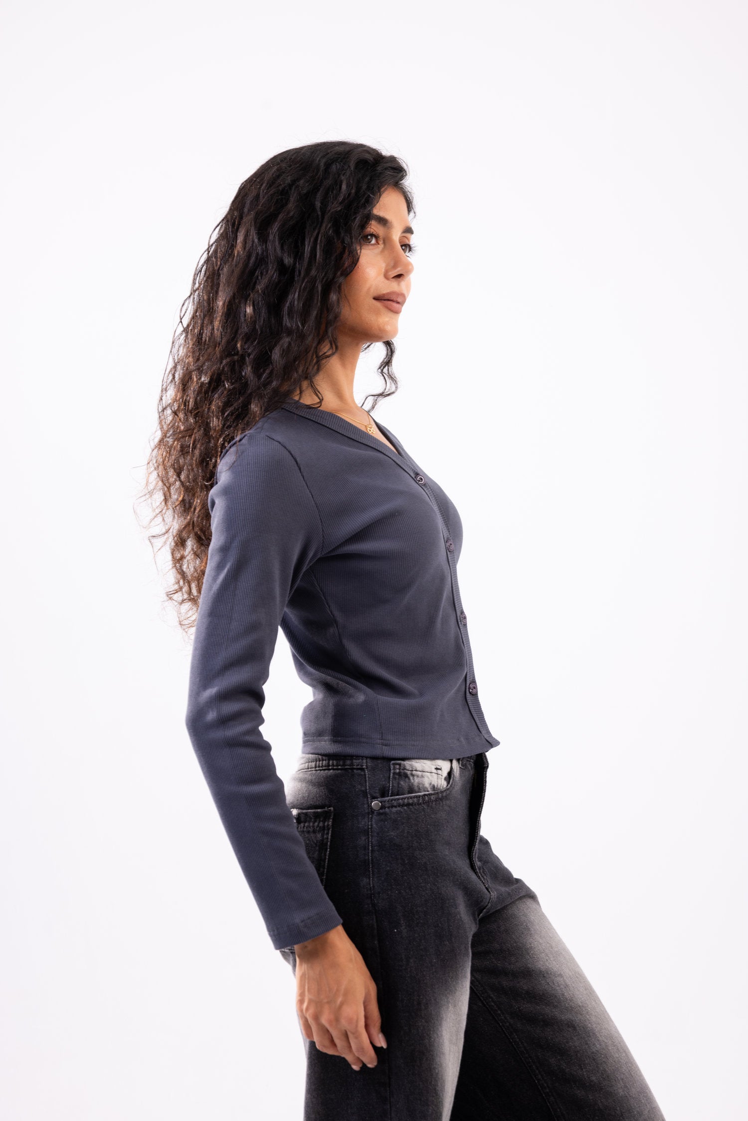 Rib button top long sleeve