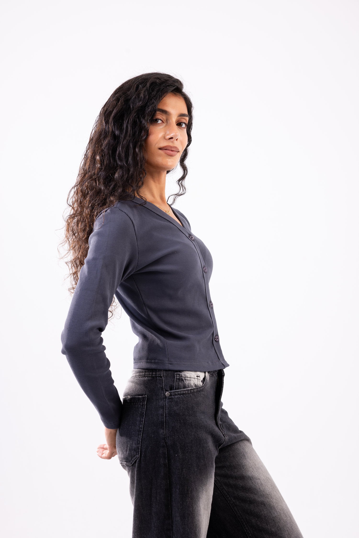 Rib button top long sleeve