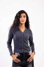 Rib button top long sleeve