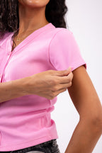 Rib button top short sleeve