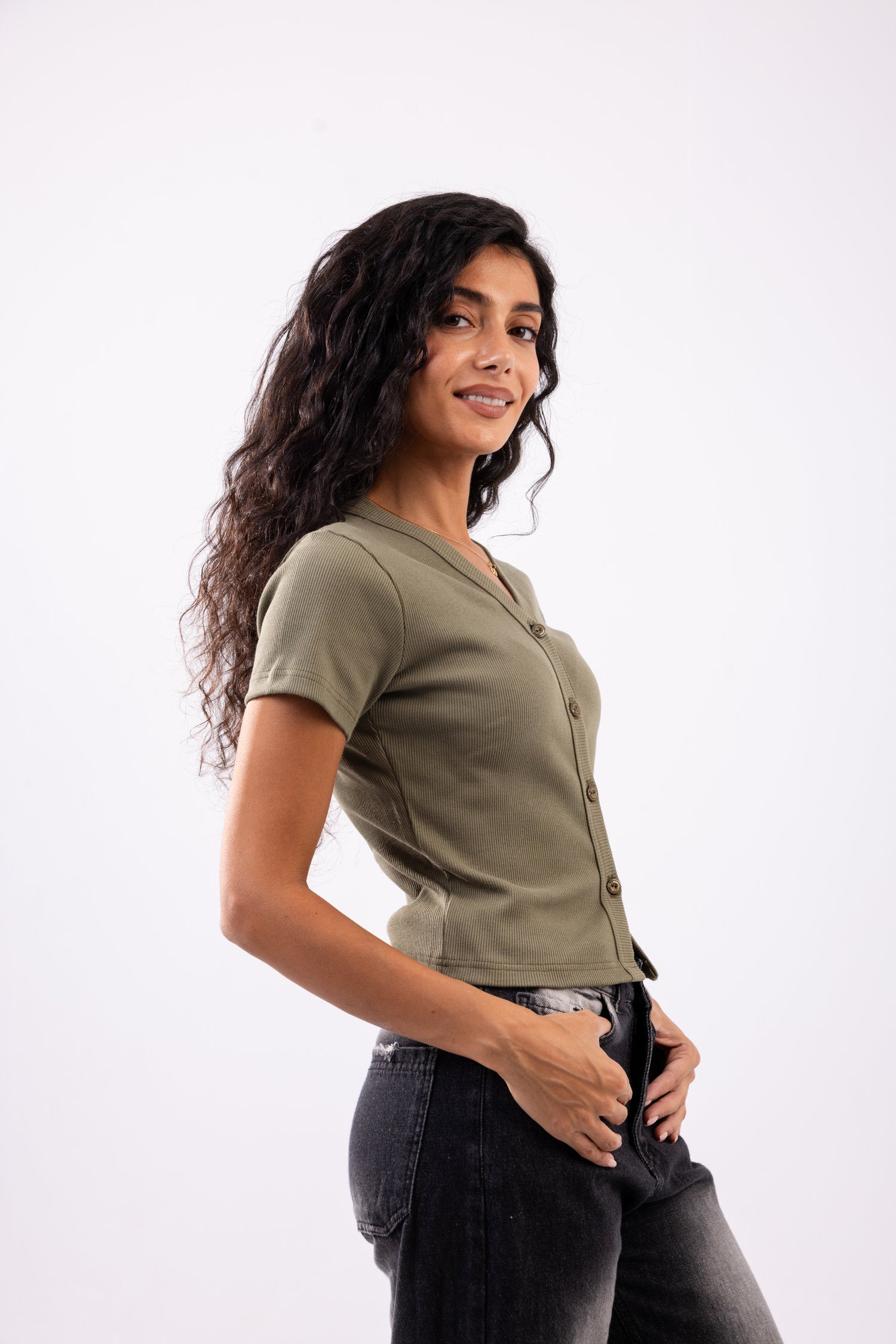 Rib button top short sleeve