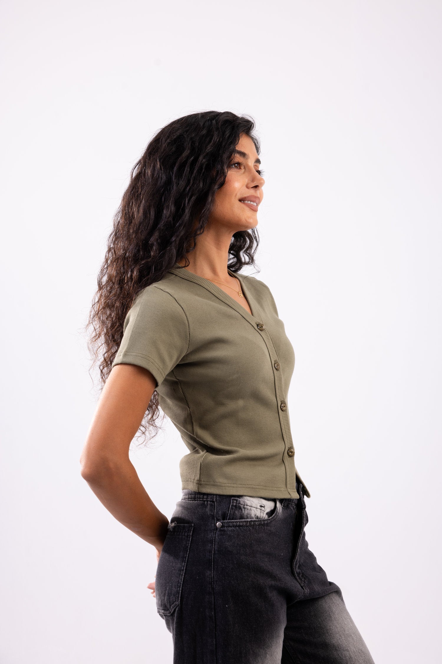 Rib button top short sleeve