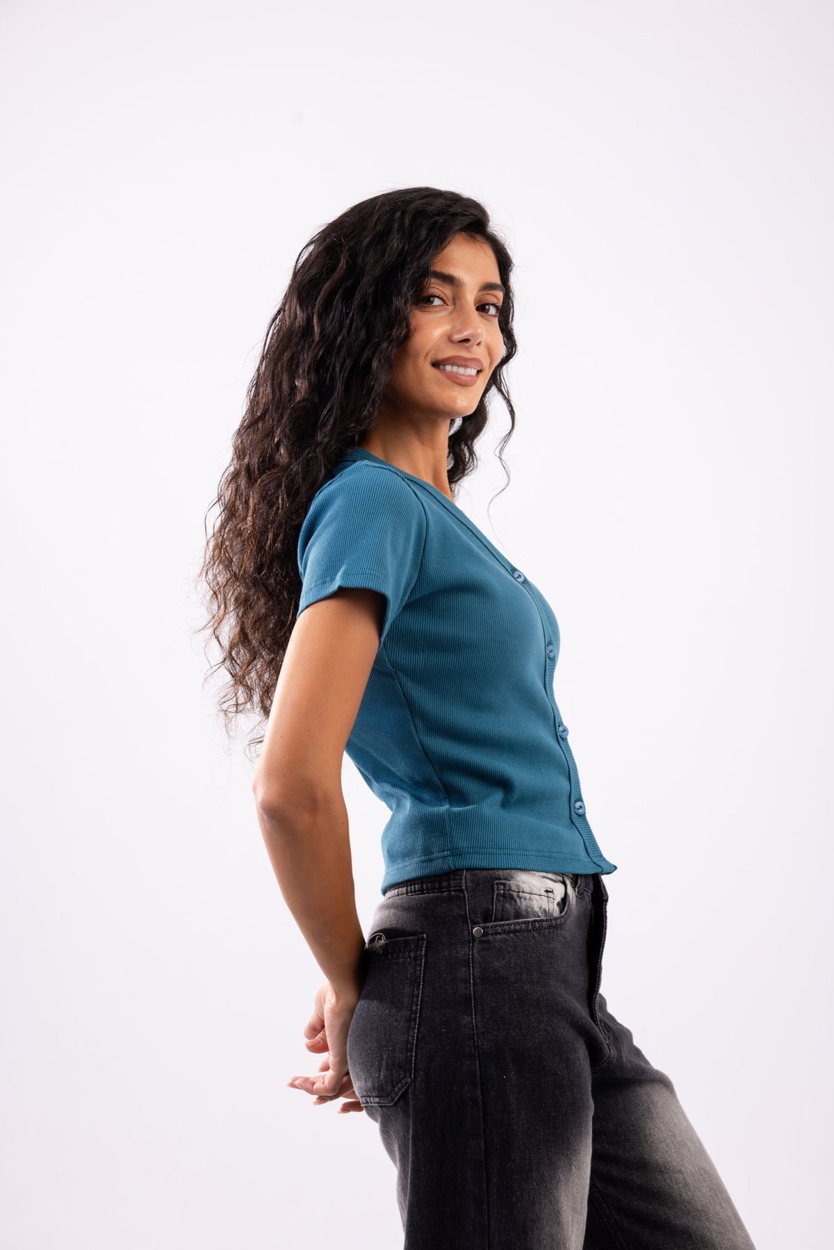 Rib button top short sleeve