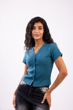 Rib button top short sleeve
