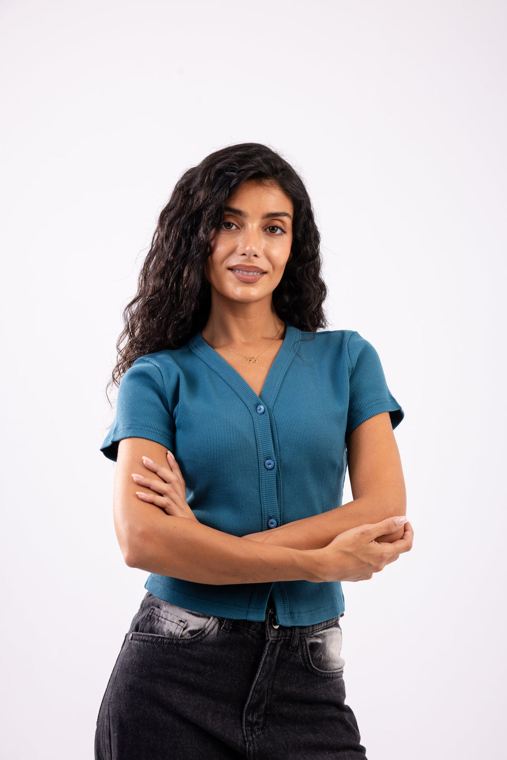 Rib button top short sleeve