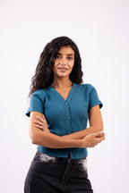 Rib button top short sleeve