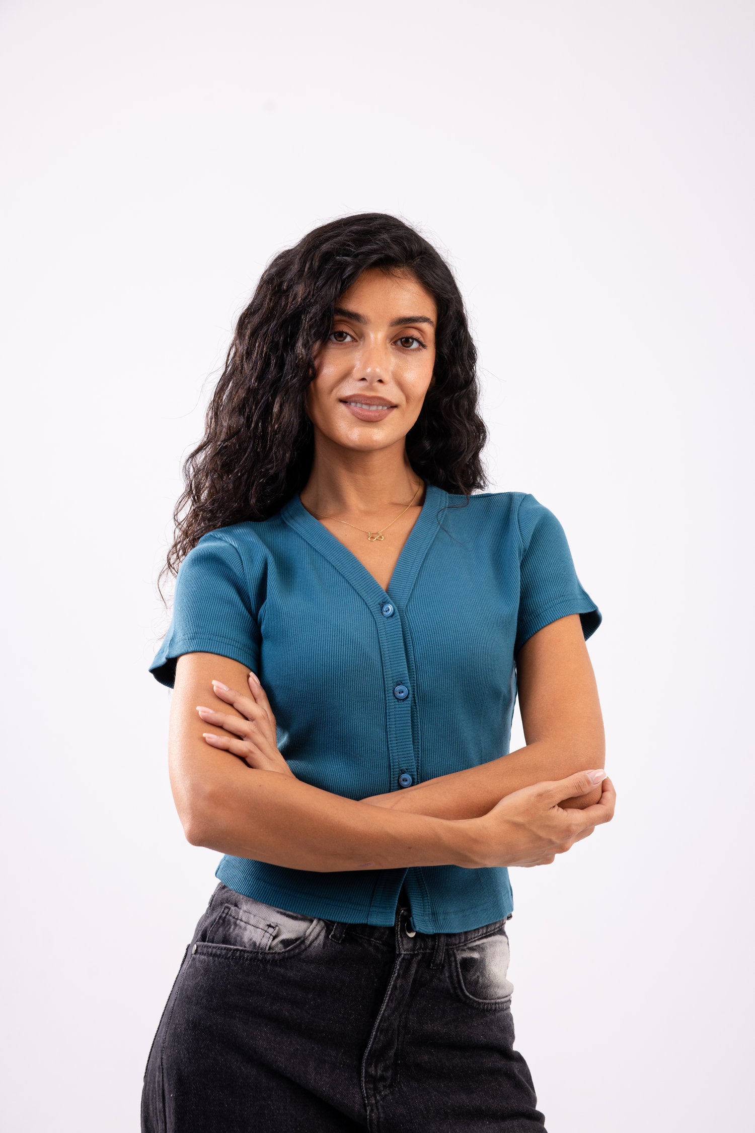 Rib button top short sleeve