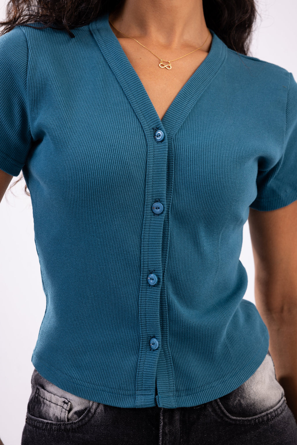 Rib button top short sleeve