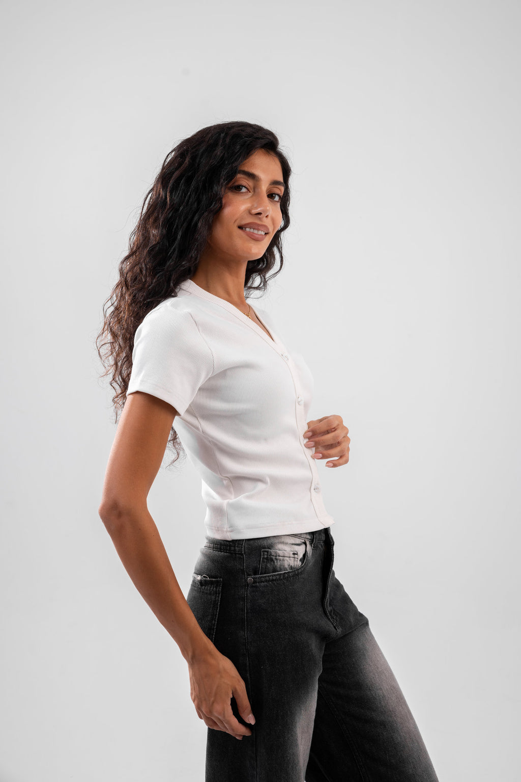 Rib button top short sleeve