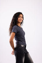 Rib button top short sleeve