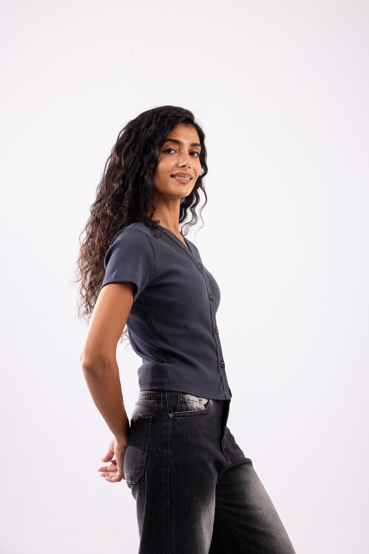Rib button top short sleeve