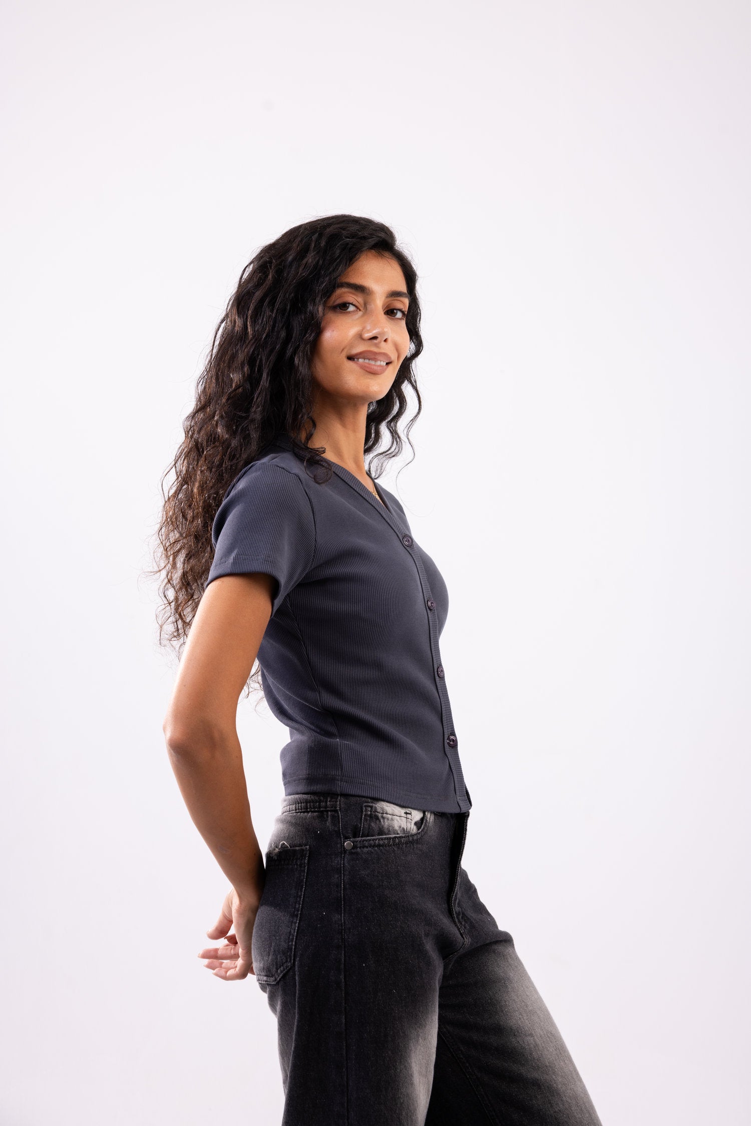 Rib button top short sleeve