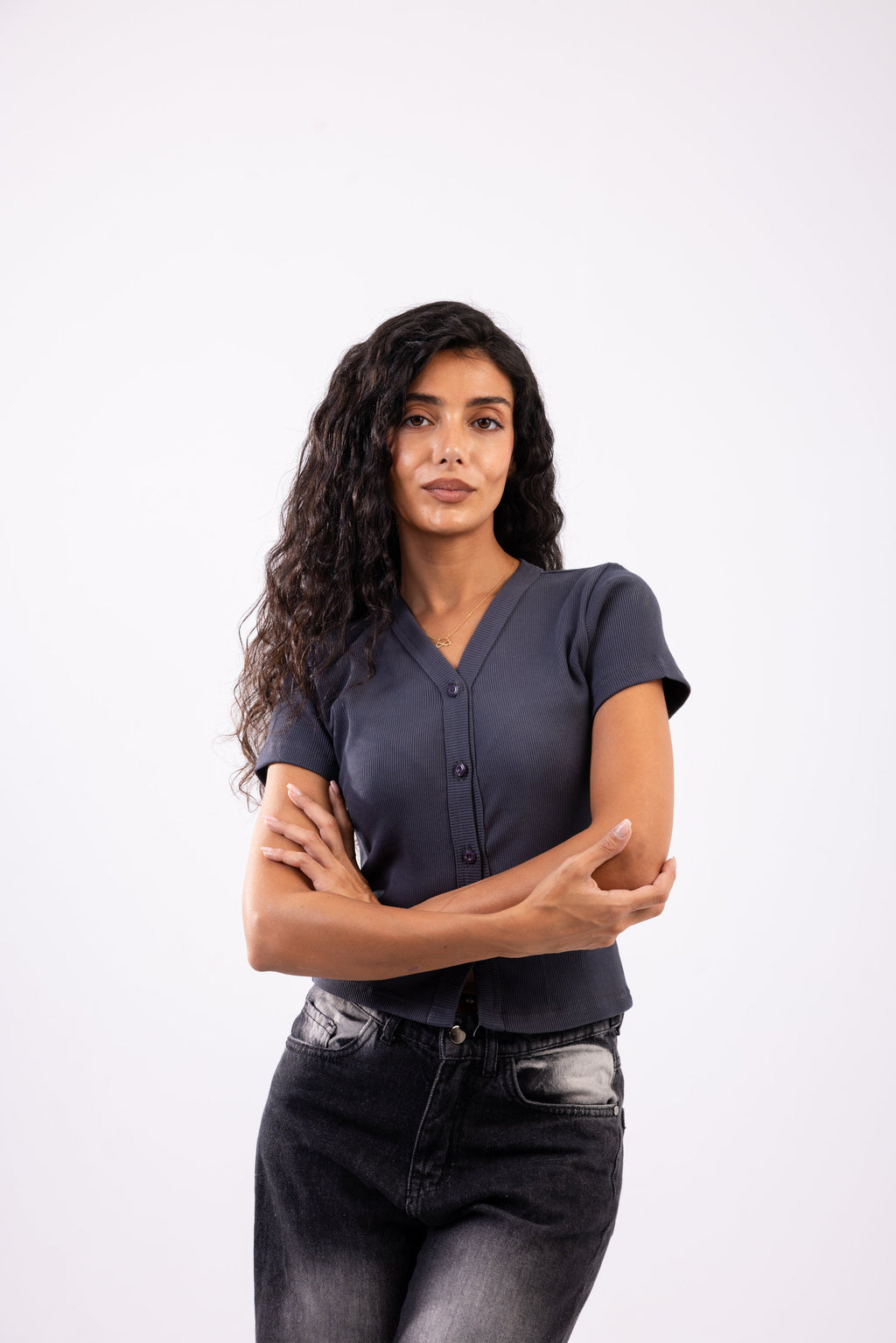 Rib button top short sleeve