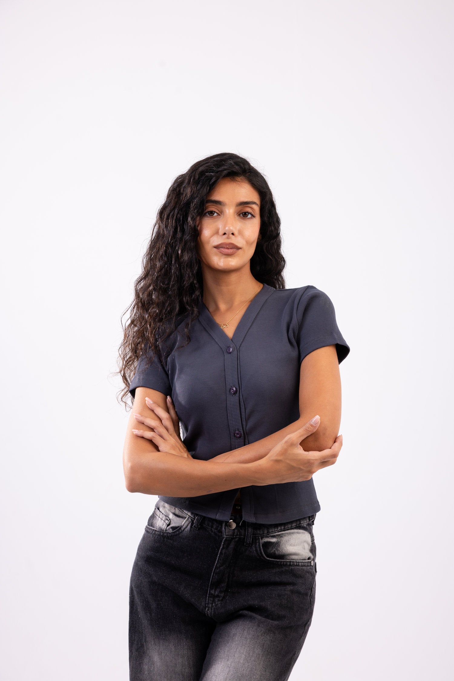 Rib button top short sleeve