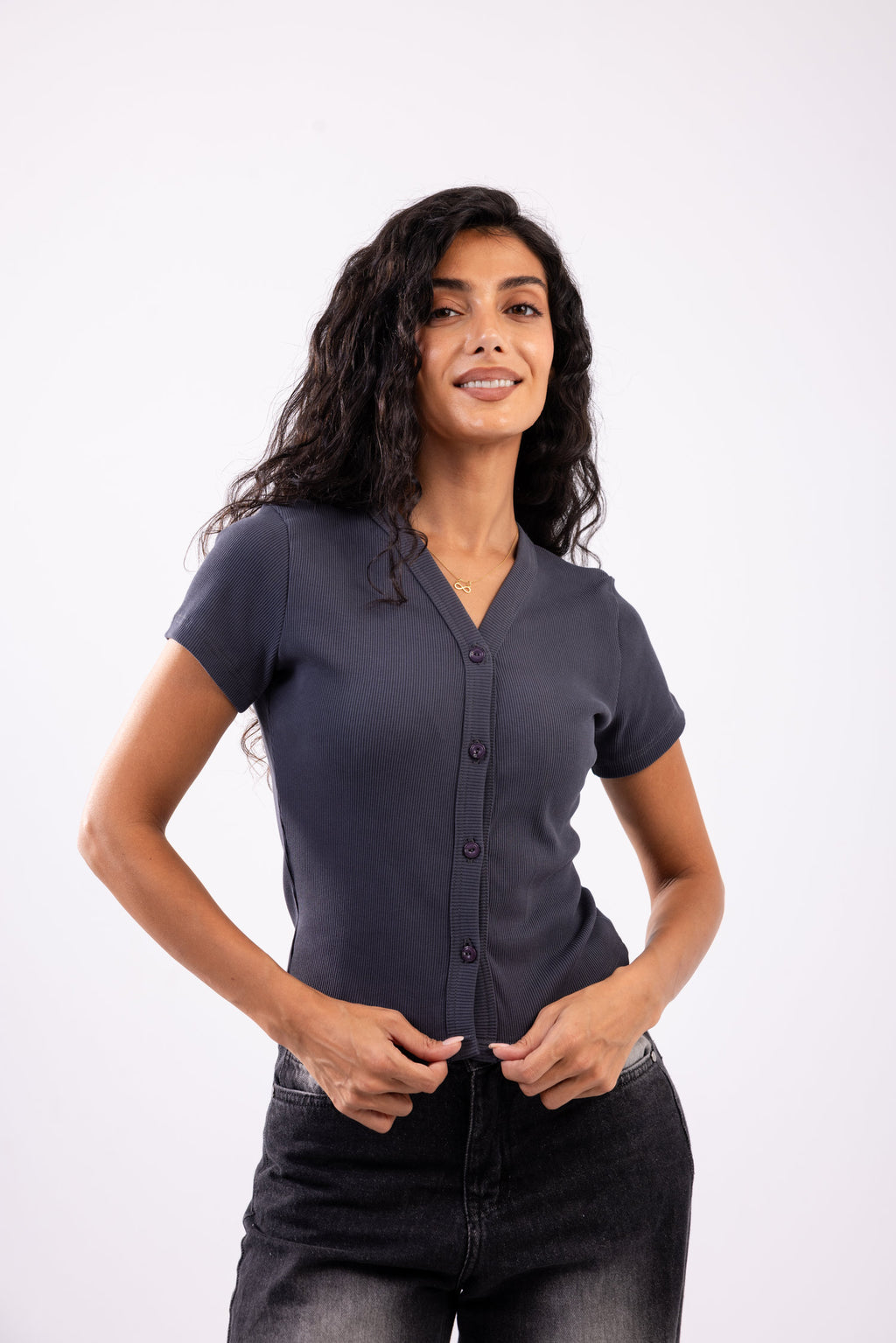 Rib button top short sleeve