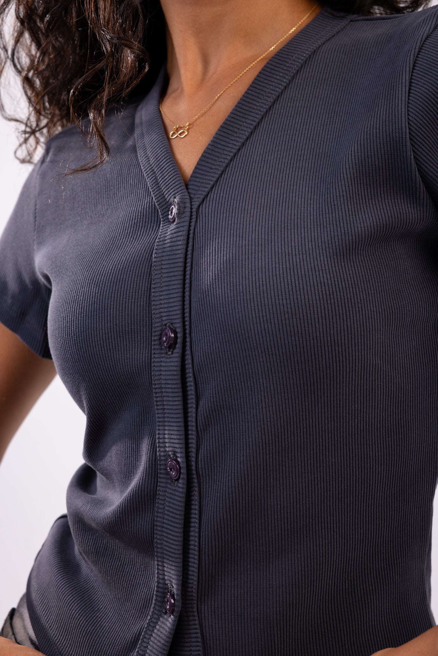Rib button top short sleeve
