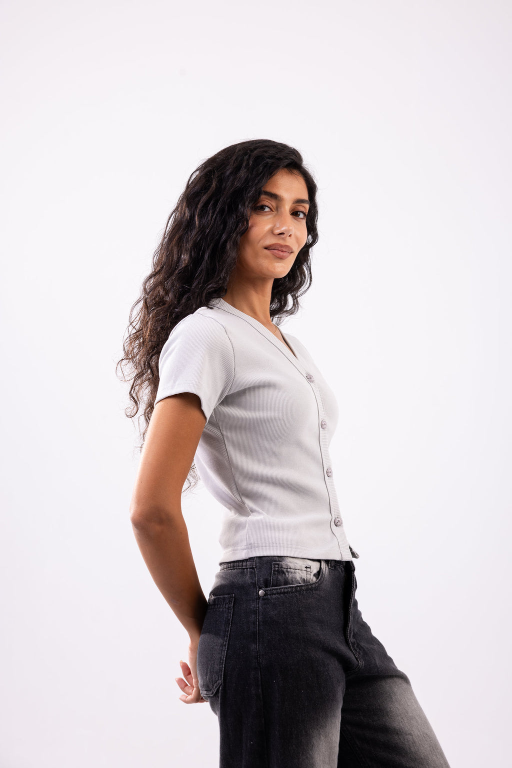 Rib button top short sleeve