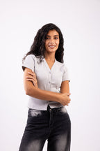 Rib button top short sleeve