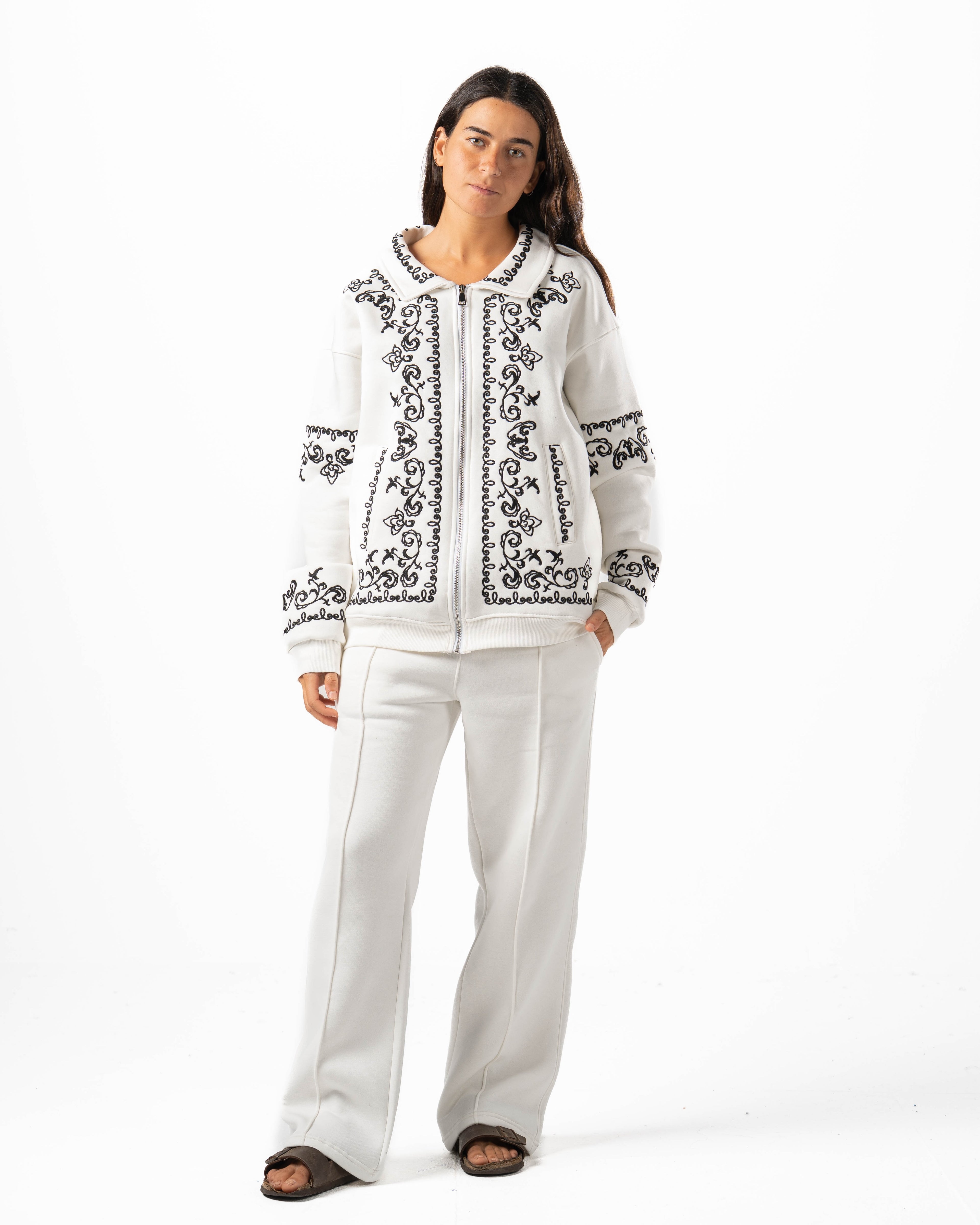 Unisex White Embroidered Jacket Set