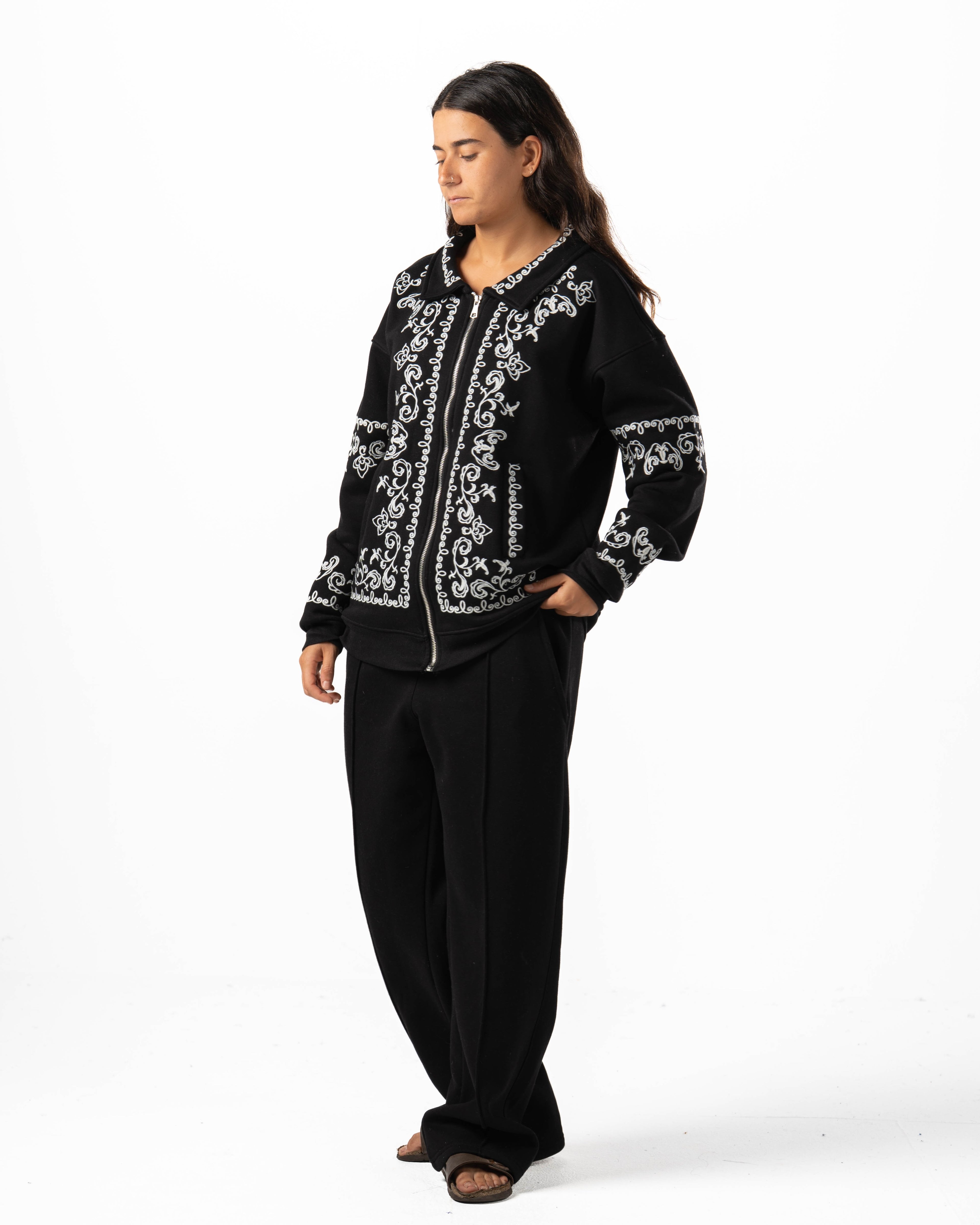 Unisex Black Embroidered Jacket Set