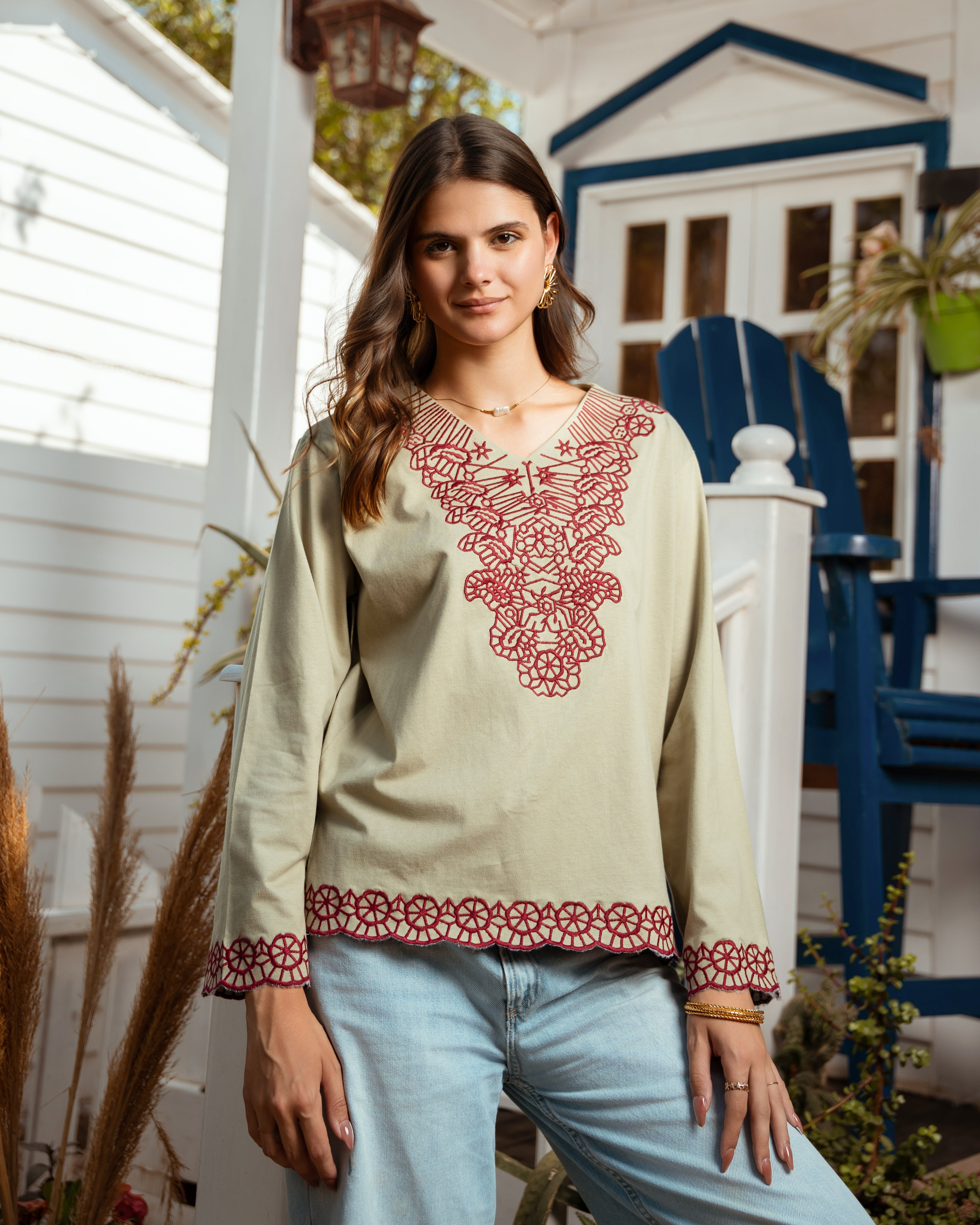 Geometric Embroidered V-Neck Long Sleeve