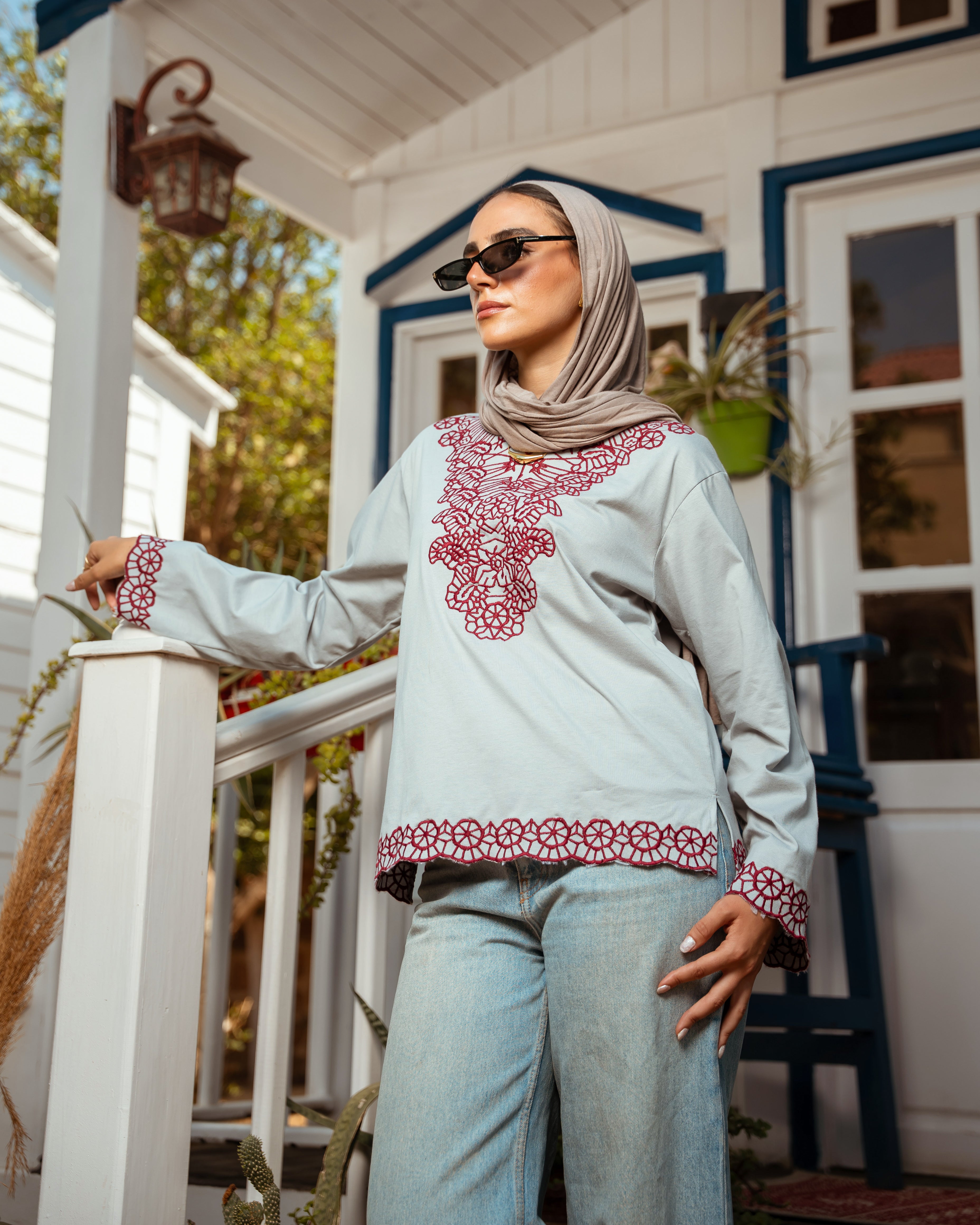 Geometric Embroidered V-Neck Long Sleeve