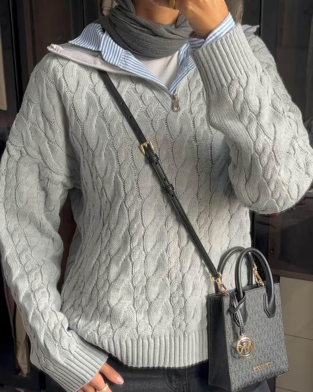 Silver Quarter-Zip Knit Sweater