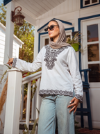 Geometric Embroidered V-Neck Long Sleeve